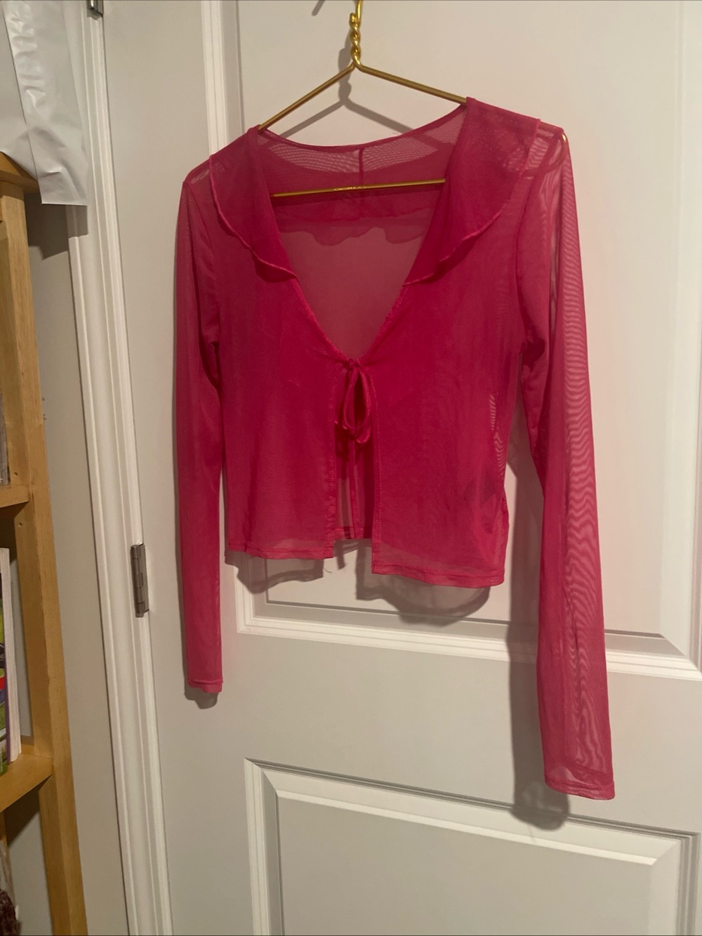 Sheer Tie-Front Long Sleeve shrug Top - Hot Pink YMI S 17P-P 18L